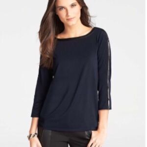 Ann Taylor | Faux Leather Trim Half Sleeve navy blue Ponte Top Small CAREERWEAR